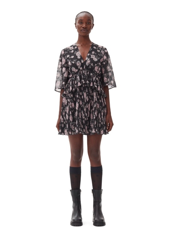 Ganni Dresses & Skirts - Ganni Black Mini Dress with Pink Floral Print